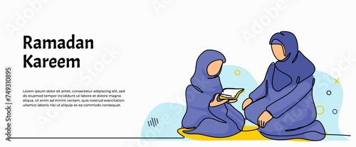 Vector illustration of muslim teach young children to recite the Al-Qur'an. Modern flat in continuous line style.
