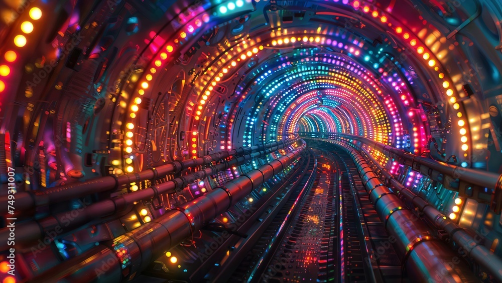 Futuristic Subway Tunnel: Glowing tubes and neon lights illuminate a futuristic subway station.