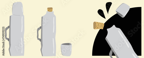 Hand drawn cartoon styled thermos in two versions: with closed cap and with stand alone cap (cup). Thermos got glares and shadows. Also, stand alone plug included. Picnic or camping. Vector.