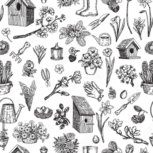Spring time seamless pattern. Ornament of berries, bird houses, gardening tools, blooming tree, wild flowers, berries. Design in retro engraving style.