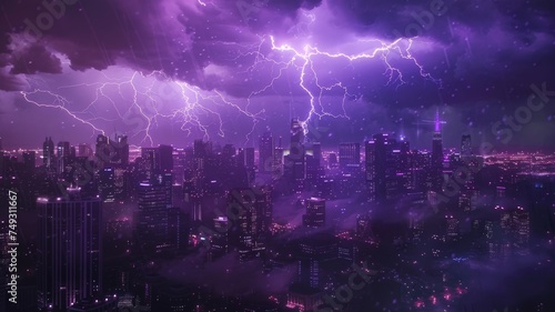 Lightning storm above the city with purple light There is fear.