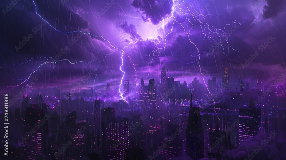 Lightning storm above the city with purple light There is fear.