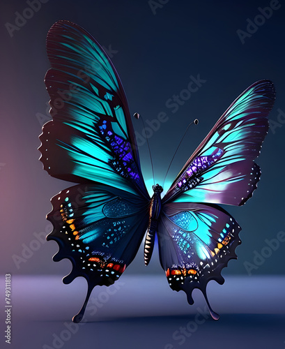 Transparent wings of a beautiful butterfly are shown on a dark background, purple and black color with white dots, highly detailed, AI generative.