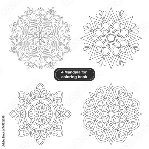  4 Set Floral Mandala Design For colouring Book Page