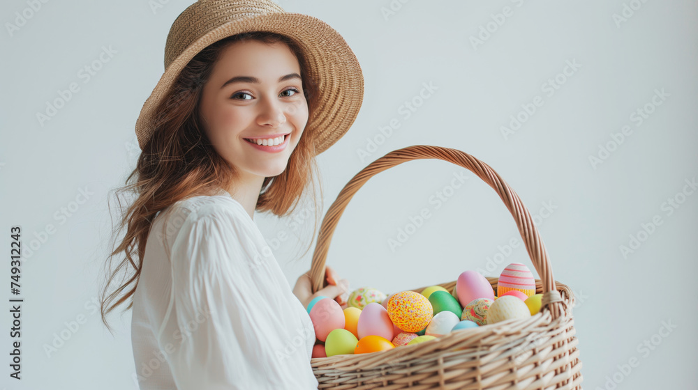 Happy young woman with wicker easter basket isolated white background. Copy Space, space for text Happy young woman with wicker easter basket isolated white background. Copy Space, space for text