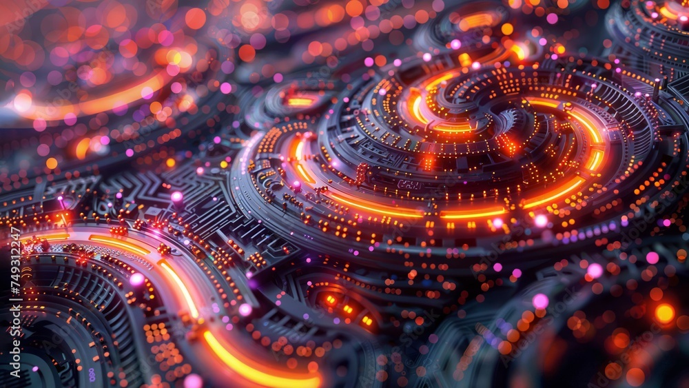 Circuit Spiral Glow: Ultra-detailed computer circuit with a spiral design, illuminated by neon light and rendered with Redshift.
