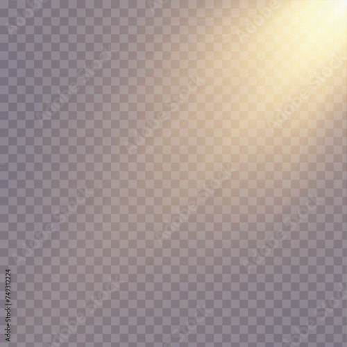 set of golden glowing light effects isolated on a transparent background. Sun flashes with rays and spotlight, creating a glowing light effect. Starburst with glitter effect.