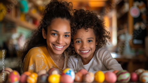 cute African American family painting Easter eggs at home. mother and daughter prepare for Easter