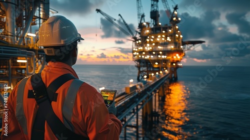 Operator records the operations of oil and gas processes at oil plants and drilling platforms. Offshore oil and gas industry Operator inspects production process Daily diary as usual.