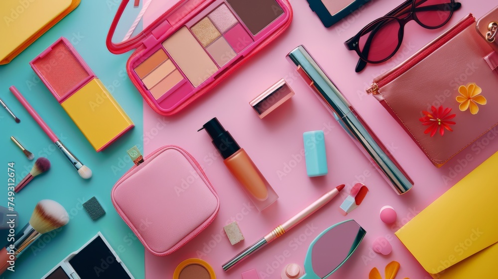 Top view of essential beauty items. Women's cosmetics and accessories. Top view of essential beauty items. Women's cosmetics and accessories.