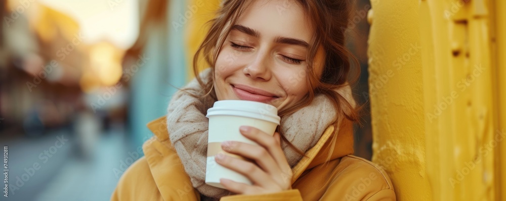 Happy woman with eyes closed and smell takeaway coffee