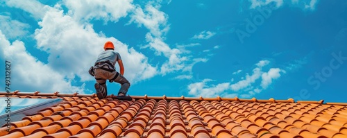 Roofing tiles installation in process.