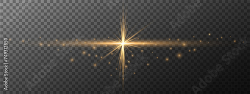 set of golden glowing light effects isolated on a transparent background. Sun flashes with rays and spotlight, creating a glowing light effect. Starburst with glitter effect.