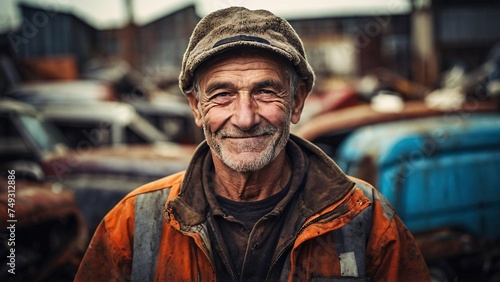 Senior junkyard worker posing looking at the camera