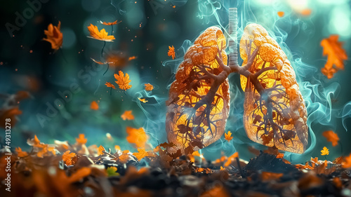 Illustration of lungs being damaged because of smoking, health care, colorful image