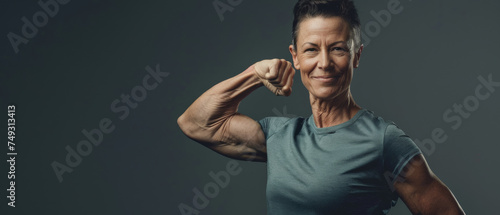 Confident mature woman flexing her muscle.