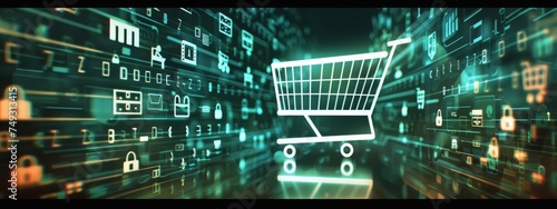 Banner for technology website with online shopping icons, futuristic banner with green tone 