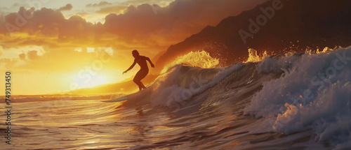 Surfer riding a golden wave at sunset.