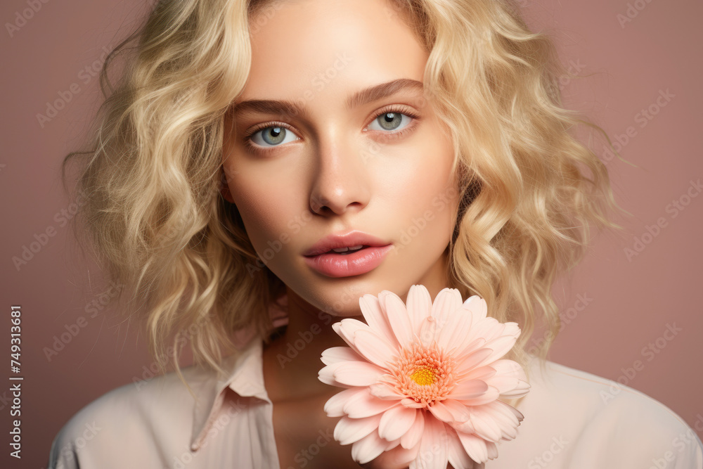 Delicate woman with soft blonde curls and a pink gerbera, exuding gentle femininity and subtle elegance. Delicate woman with soft blonde curls and a pink gerbera, exuding gentle femininity and subtle elegance.