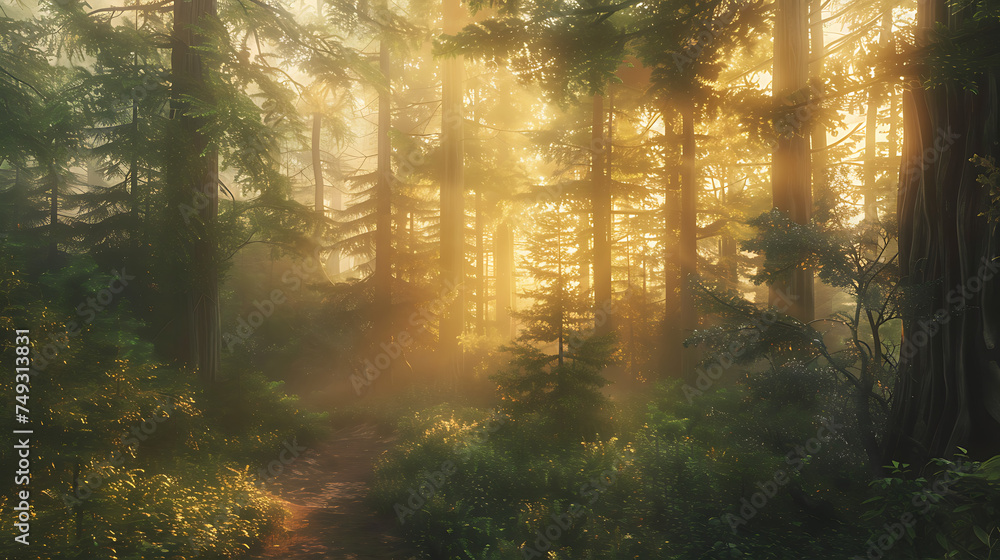 Serene forest landscape bathed in golden sunlight, with towering trees and meandering paths inviting exploration and contemplation.
