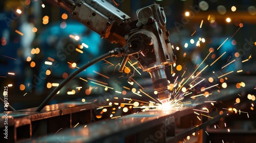 A robot is welding a welding arm on a car production line.