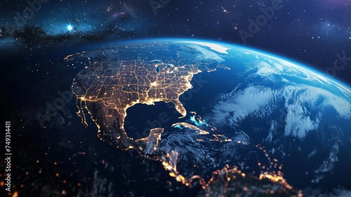 United States and North America from space at night with city lights showing human activity. photo