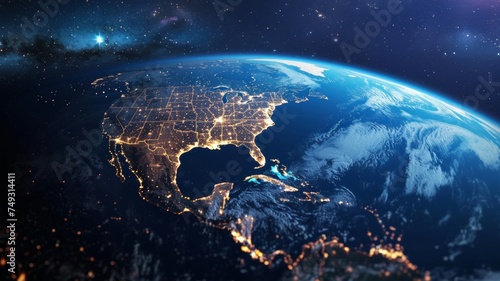 United States and North America from space at night with city lights showing human activity.