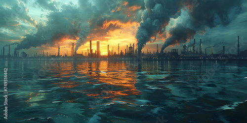 Industrial landscape of a factory with smokestacks at sunset. Environmental pollution and industrialization concept with copy space