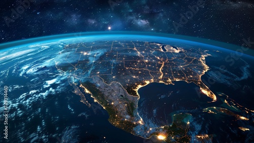 Fototapeta Naklejka Na Ścianę i Meble -  United States and North America from space at night with city lights showing human activity.