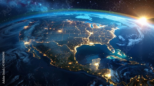 Fototapeta Naklejka Na Ścianę i Meble -  United States and North America from space at night with city lights showing human activity.