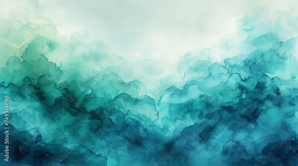 An abstract art background in light green and cyan colors. Watercolour painting on canvas with blue gradients. Fragment of artwork on paper with floral pattern. Texture backdrop.