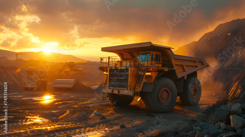 Giant mining truck in operation at sunset. Industrial mining equipment and extraction concept with copy space