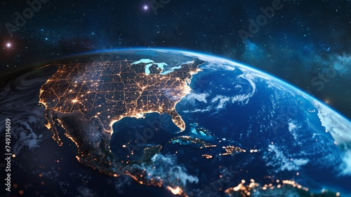 United States and North America from space at night with city lights showing human activity.