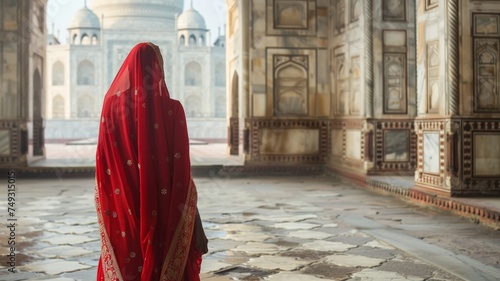Woman in red sari in Taj Mahal, Agra, Uttar Pradesh, India photo