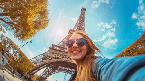 Female tourist selfie near the Eiffel Tower in Paris under sunlight and blue sky.