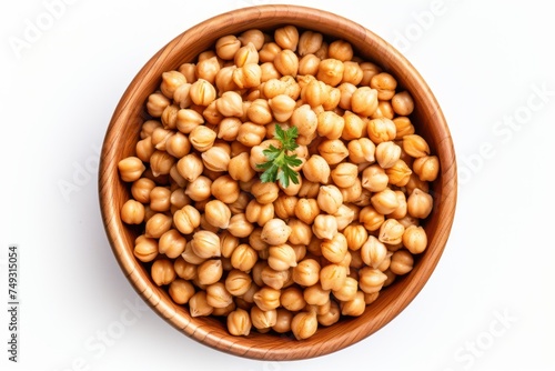 Preserved chickpeas in a bowl white background top down view