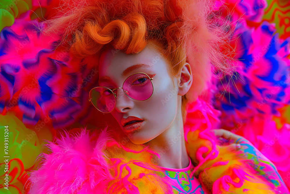 Magazine fashion photography eccentric ginger hair model, wearing 3d couture tufted neon blown up chunky eccentric fluffy couture, eccentric tufted puffy background