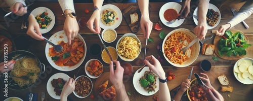 Detail of group people eating home made pasta photo