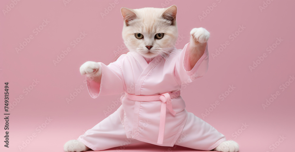 Fototapeta premium A determined cat in a karate stance, donned in a soft pink gi with a matching belt, exuding focus and grace against a minimalist pink backdrop.