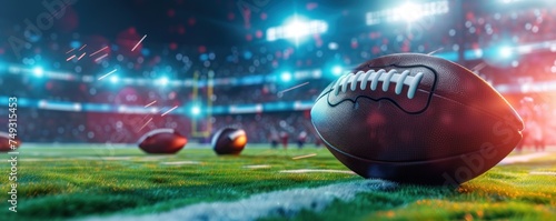 Sports betting concept. Rugby ball on football stadium.