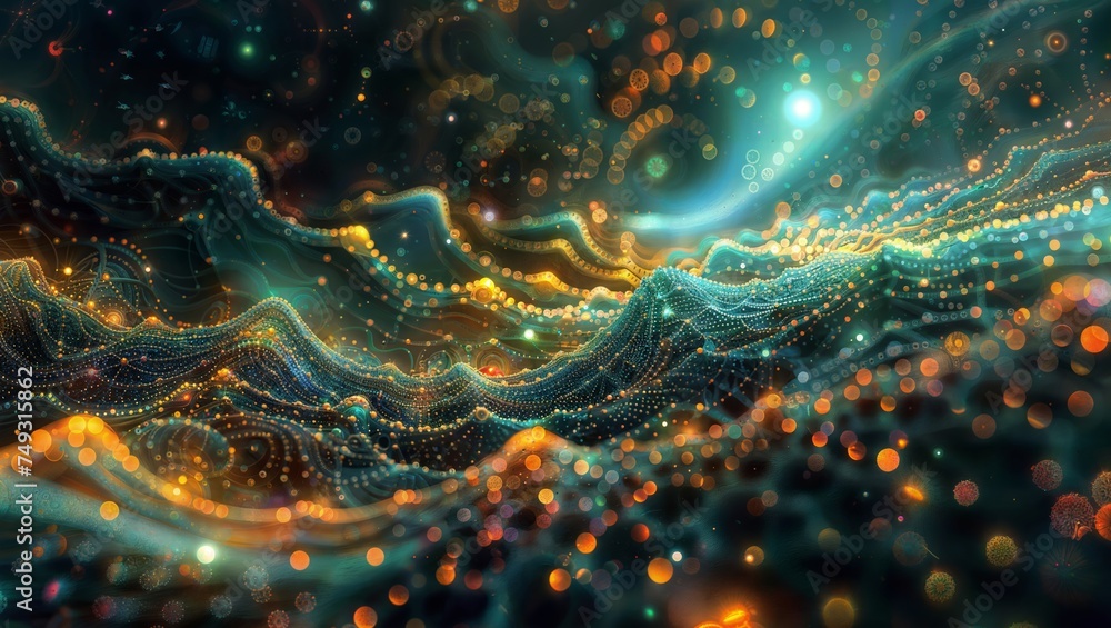 Cosmic Fractal Symphony: A vibrant and detailed background featuring glowing fractals and waves, perfect for adding a cosmic touch. - obrazy, fototapety, plakaty 