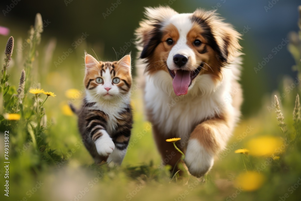 Two furry animals taking a walk on a sunny meadow during spring Two furry animals taking a walk on a sunny meadow during spring