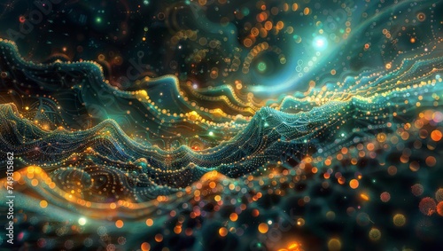 Cosmic Fractal Symphony: A vibrant and detailed background featuring glowing fractals and waves, perfect for adding a cosmic touch.
