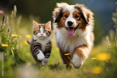 Two furry animals taking a walk on a sunny meadow during spring