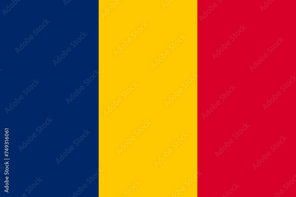 Close-up of vector graphic of blue, yellow and red national flag of African country of Chad. Illustration made February 9th, 2024, Zurich, Switzerland. - obrazy, fototapety, plakaty 