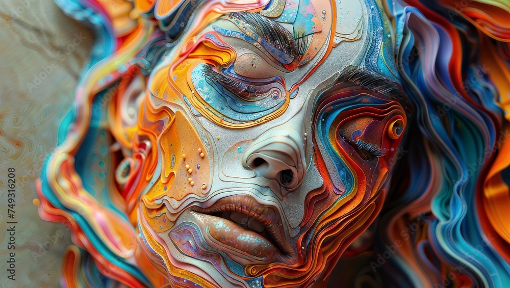 Liquid Portrait Dream: A woman's face submerged in colorful oil, creating a captivating and surreal portrait.