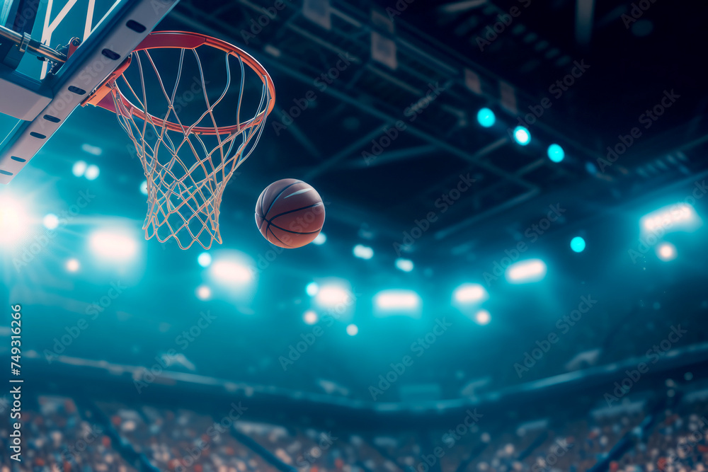 Basketball background. basketball ball flying into the basket with bright blue lights in the background with space for text or inscriptions

