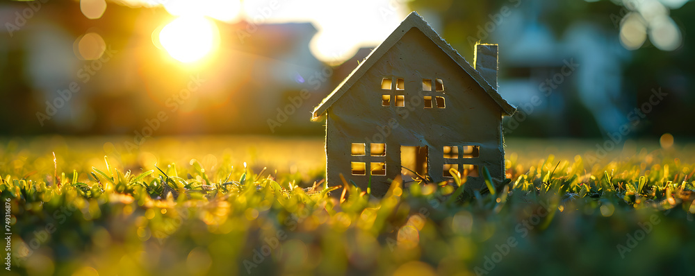A small model home is placed on green grass, bathed in sunlight against an abstract background. Copy space with a home and life concept. A close up view of a tiny home model in a serene environment. - obrazy, fototapety, plakaty 