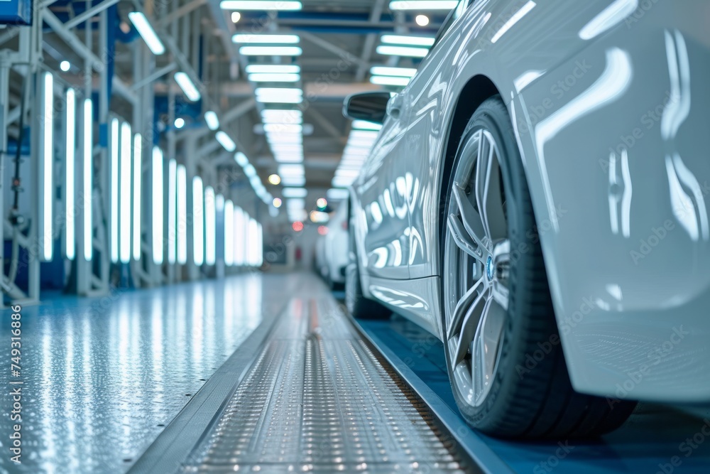 Freshly painted car in the drying chamber. The final stage of car production at a modern high-tech automobile plant.