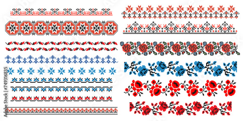 Red and blue colors Ukrainian ornaments,patterns,borders in pixel style